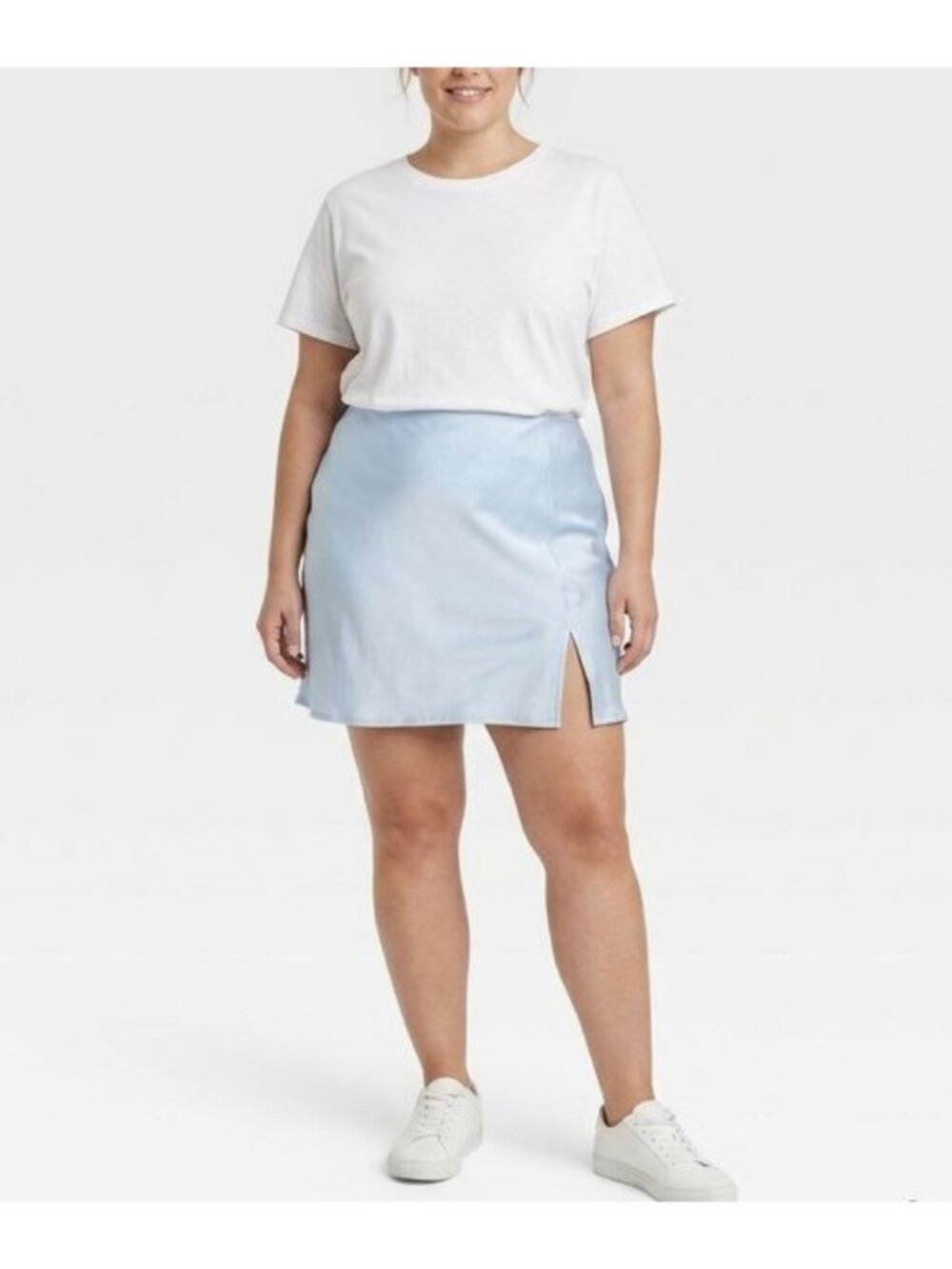 YIMEILI Womens Minimalist Satin Midi Skirt Size XL Light Blue Side Slit Back Zip